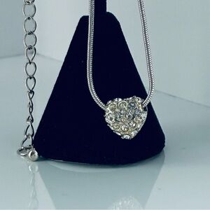 Vintage Rhinestone Pave heart pendant on silver-tone chain w/matching stud posts
